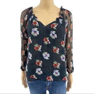 Love Sam SMALL Black Floral Sheer Ruffled Long Sleeve Peasant Boho Top Blouse